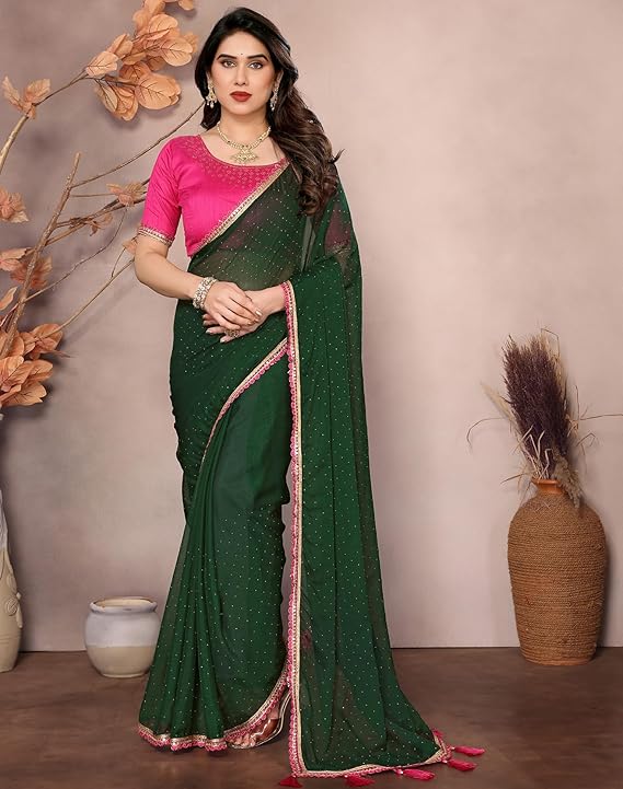 Yashika Women's Solid Color Georgette Zari Work Saree With Lace and Unstitched Blouse Material