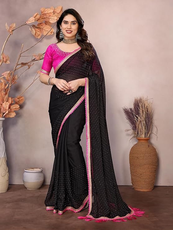 Yashika Women's Solid Color Georgette Zari Work Saree With Lace and Unstitched Blouse Material