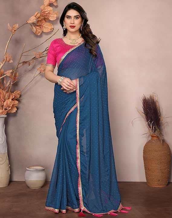 Yashika Women's Solid Color Georgette Zari Work Saree With Lace and Unstitched Blouse Material