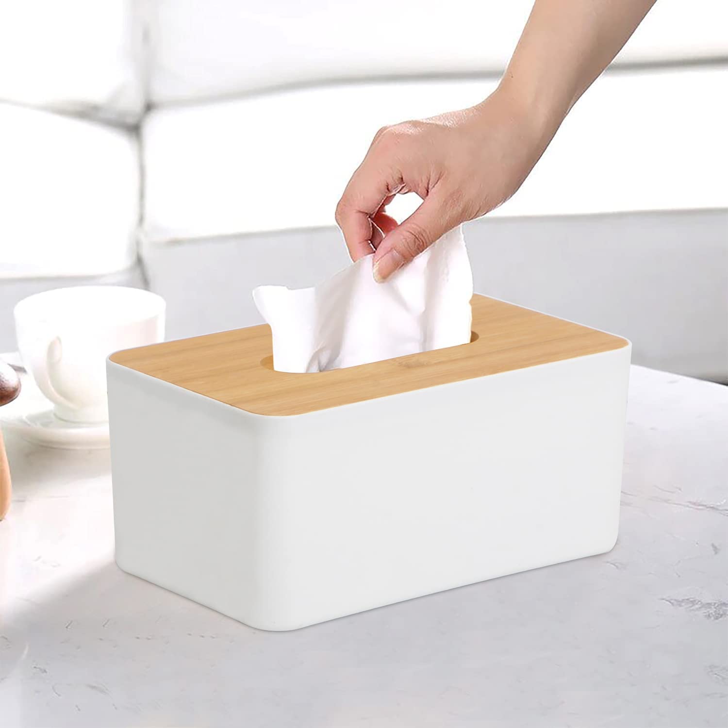 Zeinwap Bamboo Cover Plastic Tissue Box Holder | Tissue Paper Napkin Holder Box Case | Tissue Holder Dispenser Organizer for Car Decor Home, 21x12.5x9.5 cm