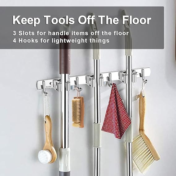 Xpandio Broom Mop Holder Wall Mount Stainless Steel Wall Mounted Storage Organizer Heavy Duty Tools Hanger with 3 Racks 4 Hooks for Kitchen Bathroom Closet Garage Office Garden 1Pc Hanging Shelves