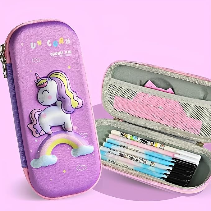 Xpandio 3D Cover EVA Zipper Pencil Pouch Compass with Compartments, School Supply Organizer for Students, Stationery Box, Cosmetic Zip Pouch Bag (Unicorn)