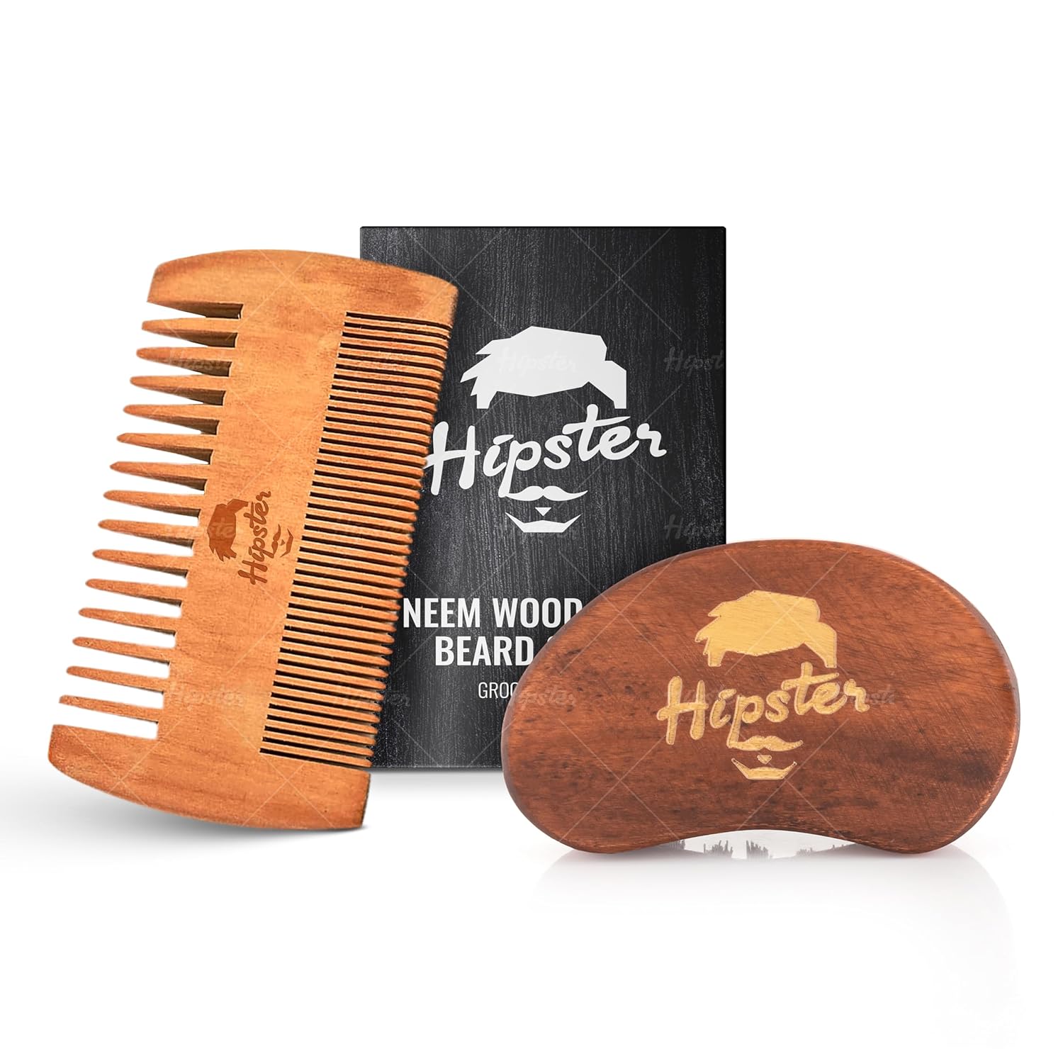 Hipster Beard Brush & Neem Wooden Comb Set For Men | Nylon Bristle Beard Brush & Dual Sided Comb | Styling, Grooming & Dandruff Remover