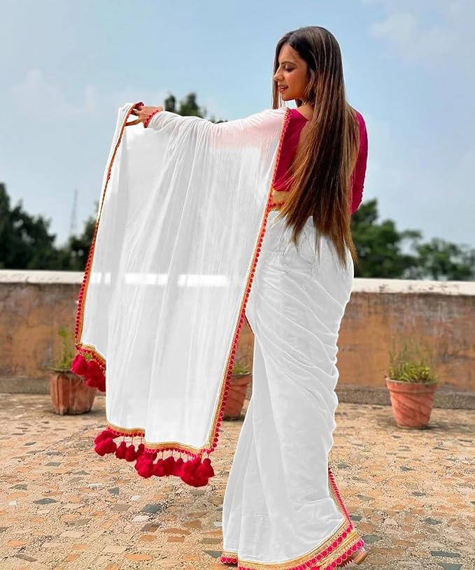 SWADESI STUFF Georgette Saree with Latkan Work, Satin Blouse, Yellow and Pink