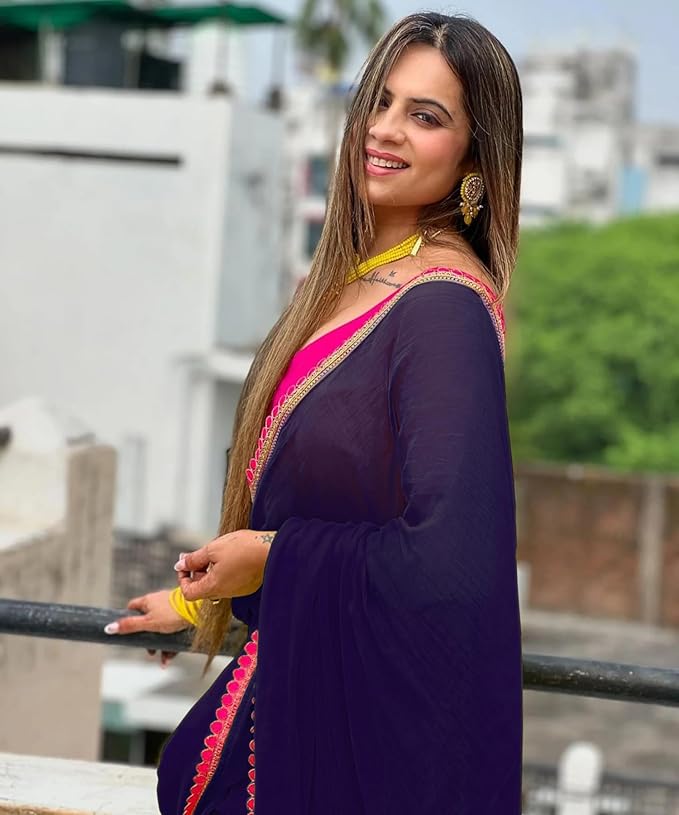 SWADESI STUFF Georgette Saree with Latkan Work, Satin Blouse, Yellow and Pink