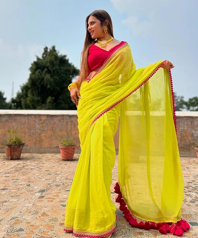 SWADESI STUFF Georgette Saree with Latkan Work, Satin Blouse, Yellow and Pink