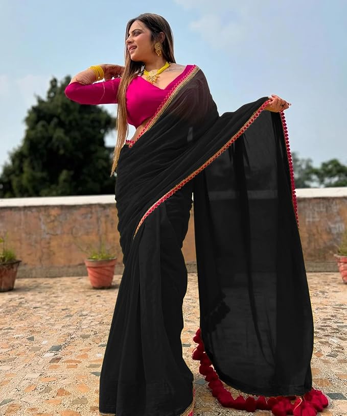 SWADESI STUFF Georgette Saree with Latkan Work, Satin Blouse, Yellow and Pink