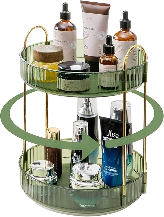 Zollyss 360° Rotating Makeup Organizer, Bathroom Make Up Spinning Holder Rack, Cosmetics Storage Vanity Shelf Countertop, Fits Cosmetics, Perfume, Skincare, Lipsticks (2 Tier, Vintage Green)