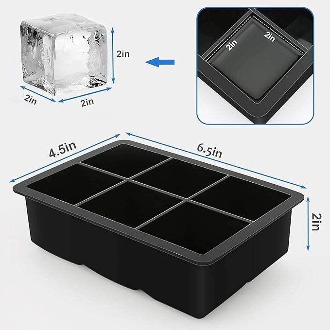 Zollyss BPA Free 6 Big Ice Tray Mold Giant Jumbo Large Food Grade Silicone Ice Cube Square Tray Mold DIY Ice Maker Ice Cube Tray, 1 Pc(Black)