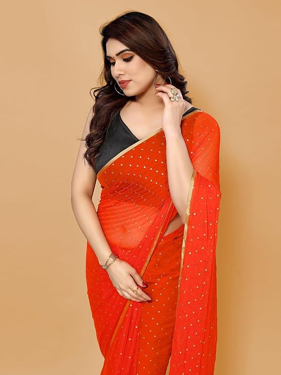 Women's Blue Nazneen Saree with Golden Foil Work, 5.5 M Length