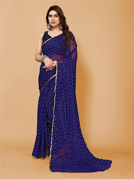 Women's Blue Nazneen Saree with Golden Foil Work, 5.5 M Length