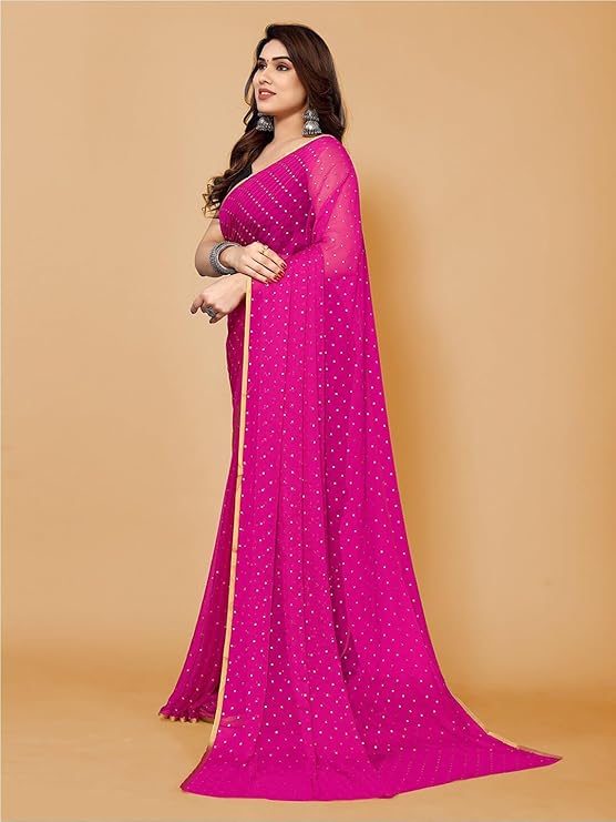Women's Blue Nazneen Saree with Golden Foil Work, 5.5 M Length