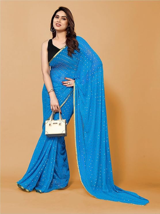Women's Blue Nazneen Saree with Golden Foil Work, 5.5 M Length