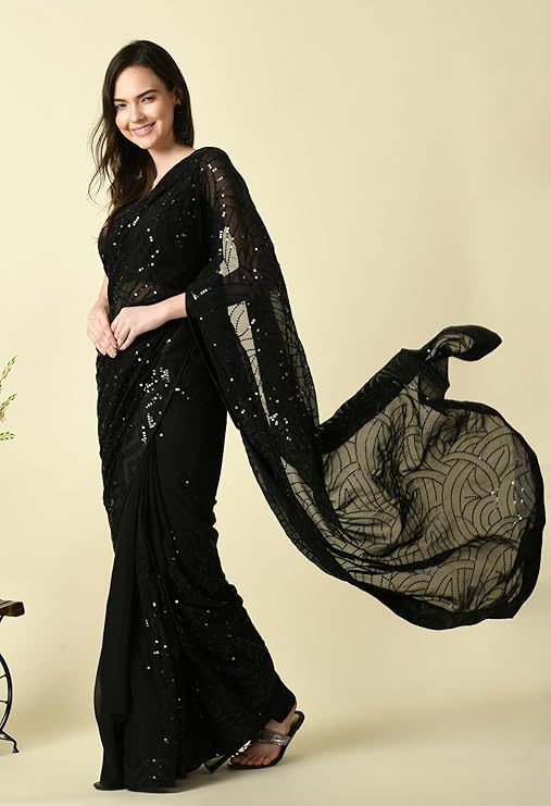 SWADESI STUFF Black Heavy Georgette Sequence Work Saree with Banglory Silk Blouse - Elegant Indian Ethnic Wear for Women 