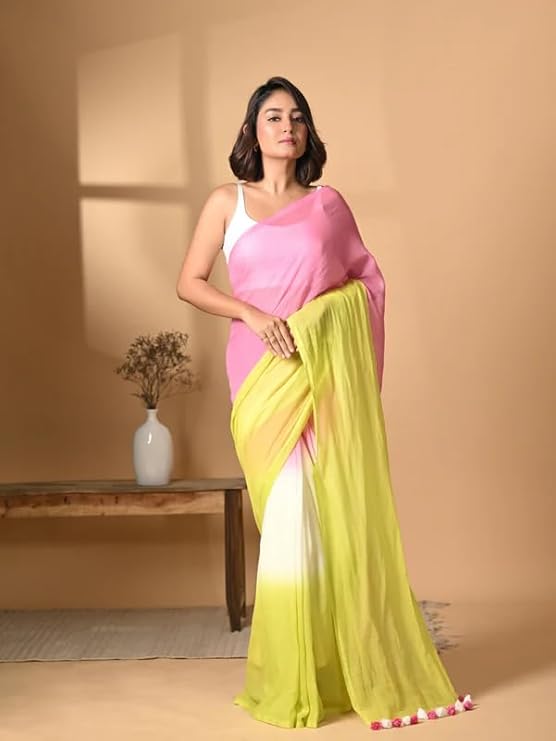 SWADESI STUFF Georgette Digital Print Saree with Pom Pom Latkan, Pink and Yellow Ombre, 5.5 Metres