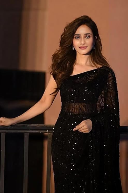 SWADESI STUFF Sequined Georgette Elegant Indian Ethnic Wear Women Saree with Unstitched Blouse, Black, Embroidered &&
