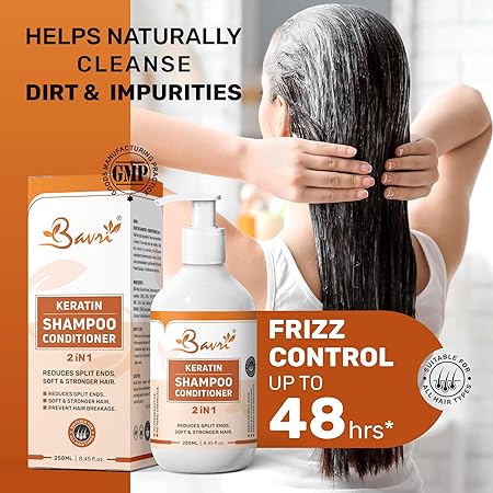 Bavri Keratin Shampoo and Conditioner 2 In 1 | No Sulphate, Parabens & Silicones, Phosphate Free | Ultra Shine Hydrating | Women & Men's Dry Hair for Daily Use (250 ML)