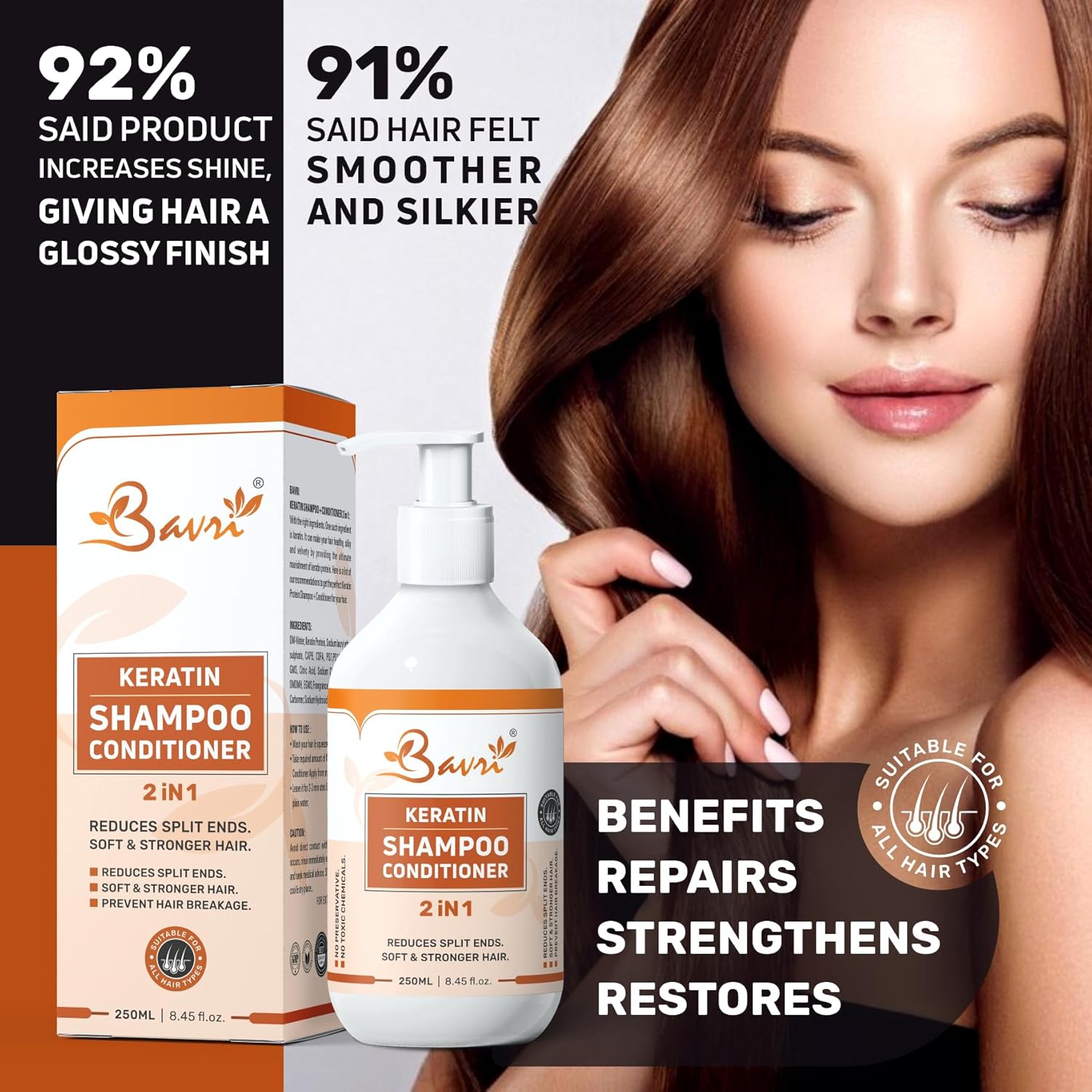 Bavri Keratin Shampoo and Conditioner 2 In 1 | No Sulphate, Parabens & Silicones, Phosphate Free | Ultra Shine Hydrating | Women & Men's Dry Hair for Daily Use (250 ML)