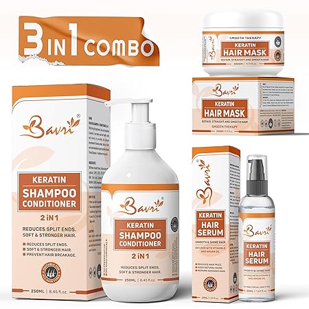 Bavri Keratin Shampoo and Conditioner 2 In 1 (250 ML) & Hair Serum (50 ML) & Hair Mask (200 GM) For Intense Damaged , Dry & FrizzyHair Repair And Shine,Hydration & Smoothening Hair (3 In 1 Combo )