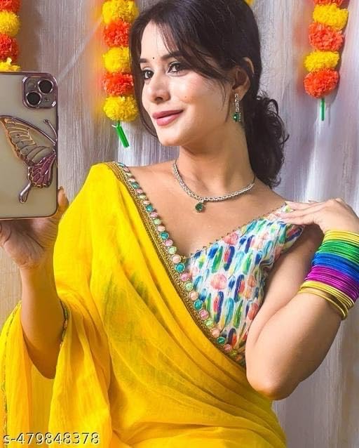 SWADESI STUFF Georgette Saree with Work, Satin Blouse, Yellow and Pink #