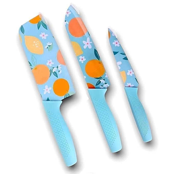 OORYX Printed Knife Set for Kitchen 3 Piece Colour Knife Stainless Steel with Nonslip Handle Kitchen Knives Colour Printed Chef's Knives Rust Proof (Blue)
