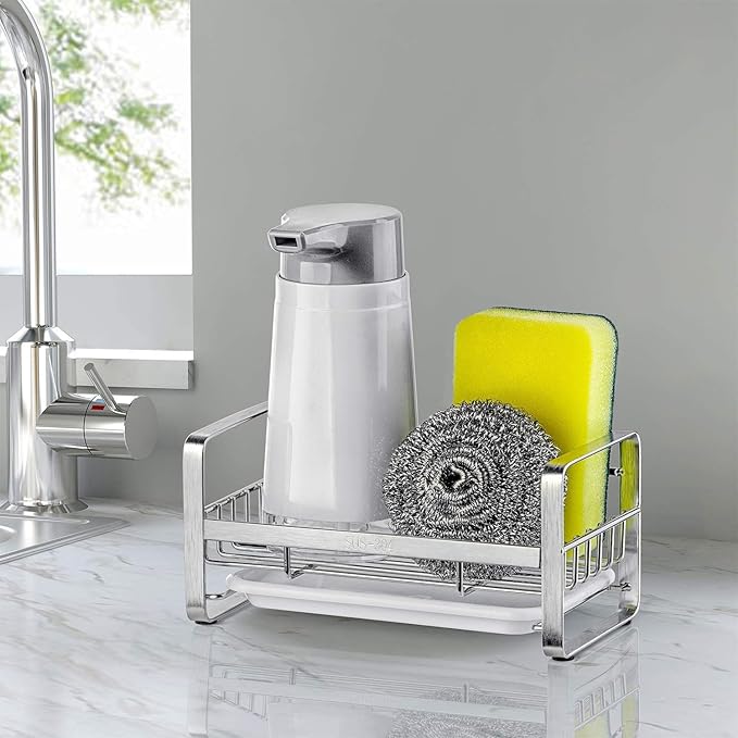 Topinon Sponge Holder,Sus304 Stainless Steel Rust Proof Soap Holder For Kitchen Sink,Kitchen Sink Organizer, Sink Caddy, Sink Tray Drainer Clothing Rack With Removable Tray, Silver