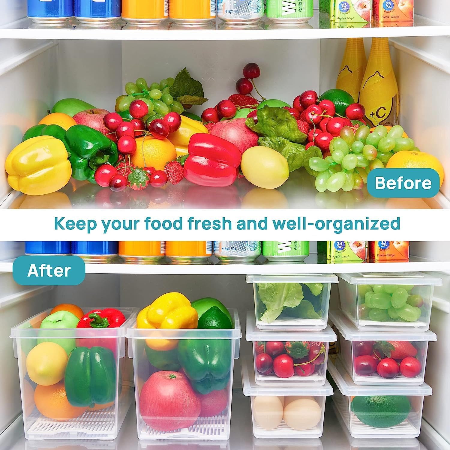 LOTERO Fridge Storage Containers (Pack of 6), Fridge Organiser Storage Boxes with Removable Drain Plate and Secure Lids System, Fridge Organizer for Keep Fresh Vegetables, Fruits and More 1500 ML