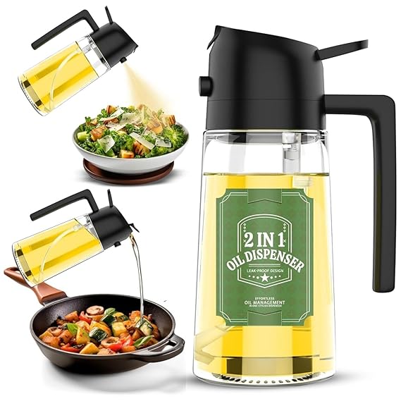 LOTERO Oil Sprayer Bottle for Cooking, Premium Glass 2 in 1 Oil Spray and Dispenser Bottle for Kitchen with Dual Functional Nozzle, Oil Sprayer for Air Fryer, Salad, Roasting and Frying 500 ML