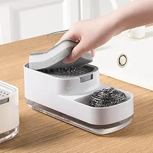 Xpandio Dish Soap Dispenser, Sponge Holder, Countertop Soap Pump, 3-in-1, One Hand, White