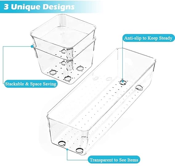 Xpandio Clear Plastic Drawer Organizers Set, 3-Size Versatile Bathroom and Vanity Drawer Organizer Trays, Storage Bins for Makeup, Bedroom, Kitchen Gadgets Utensils and Office (6 PC SET)