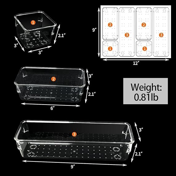 Xpandio Clear Plastic Drawer Organizers Set, 3-Size Versatile Bathroom and Vanity Drawer Organizer Trays, Storage Bins for Makeup, Bedroom, Kitchen Gadgets Utensils and Office (6 PC SET)