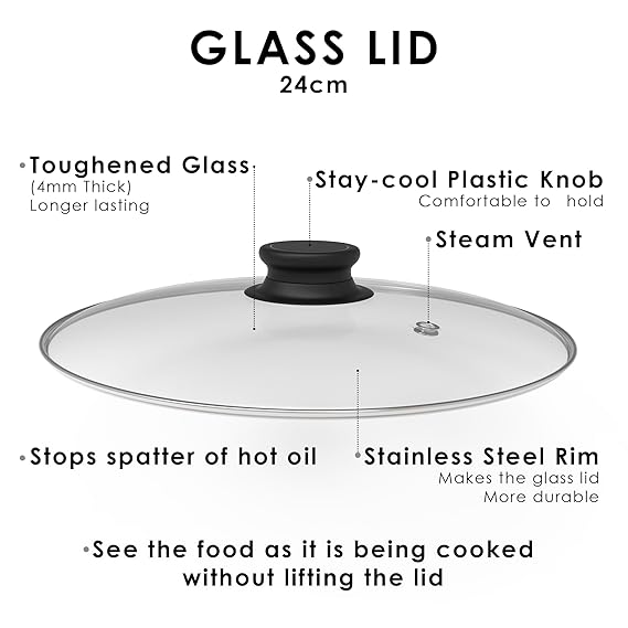 Esspy G-Type Glass lid, Toughened glass Lid with Stainless Steel Rim, Pan Lid, Transparent Long Lasting Glass Lid, Glass Lid for Cookware, Backlite knob (24 CM)