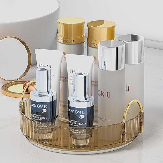 Topinon 360° Rotating Makeup Organizer, Bathroom Make Up Spinning Holder Rack, Large Capacity Cosmetics Storage Vanity Shelf Countertop, Fits Cosmetics, Perfume, Skincare, Lipsticks (1 Tier, Amber)