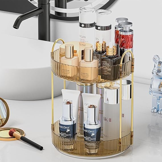 Topinon 360° Rotating Makeup Organizer Bathroom Make Up Spinning Holder Rack, Large Capacity Cosmetics Storage Vanity Shelf Countertop, Fits Cosmetics, Perfume Skincare Lipsticks (2 Tier, Amber)