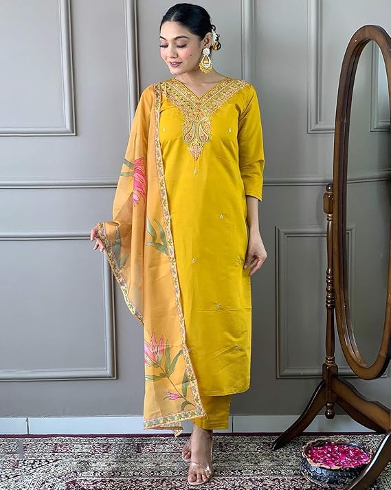 LookMark Women's Solid Regular Embroidered Poly Viscose Straight Kurta with Pant and Printed Dupatta