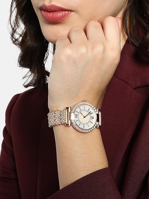 SWADESI STUFF Ladies Crystal-Studded Watch, Rose Gold Metal Band, 30mm Round Case, Roman Numerals for Women & Girls