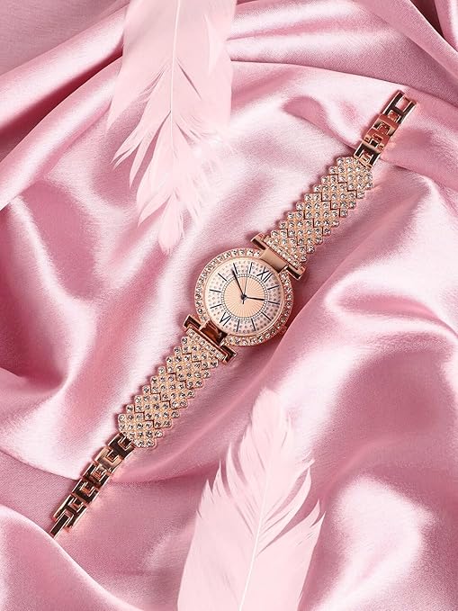 SWADESI STUFF Ladies Crystal-Studded Watch, Rose Gold Metal Band, 30mm Round Case, Roman Numerals for Women & Girls