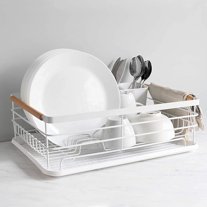Zeinwap Dish Drying Rack with Wooden Handle | White Dish Drainer Basket with Removable Cutlery Tray for Kitchen Storage