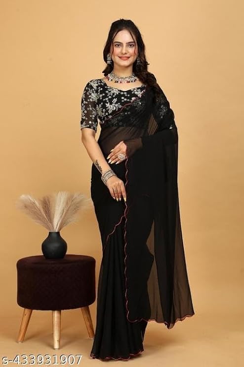 SWADESI STUFF Georgette Saree with Embroidered Blouse, 5.5 Metres, Black