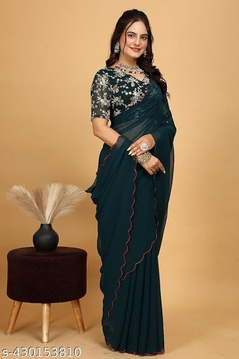 SWADESI STUFF Georgette Saree with Embroidered Blouse, 5.5 Metres, Black