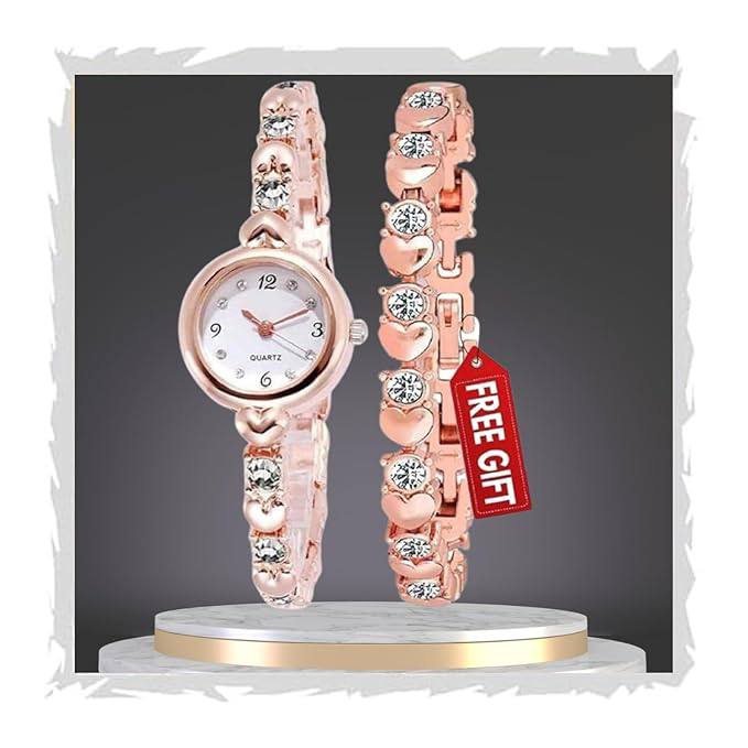 SWADESI STUFF Ladies Watch and Bracelet Set, Rose Gold, 22mm Round Case, Crystal-Studded Design