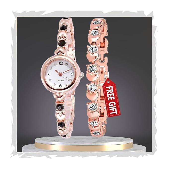 SWADESI STUFF Ladies Watch and Bracelet Set, Rose Gold, 22mm Round Case, Crystal-Studded Design