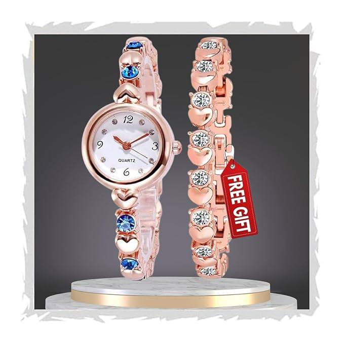 SWADESI STUFF Ladies Watch and Bracelet Set, Rose Gold, 22mm Round Case, Crystal-Studded Design