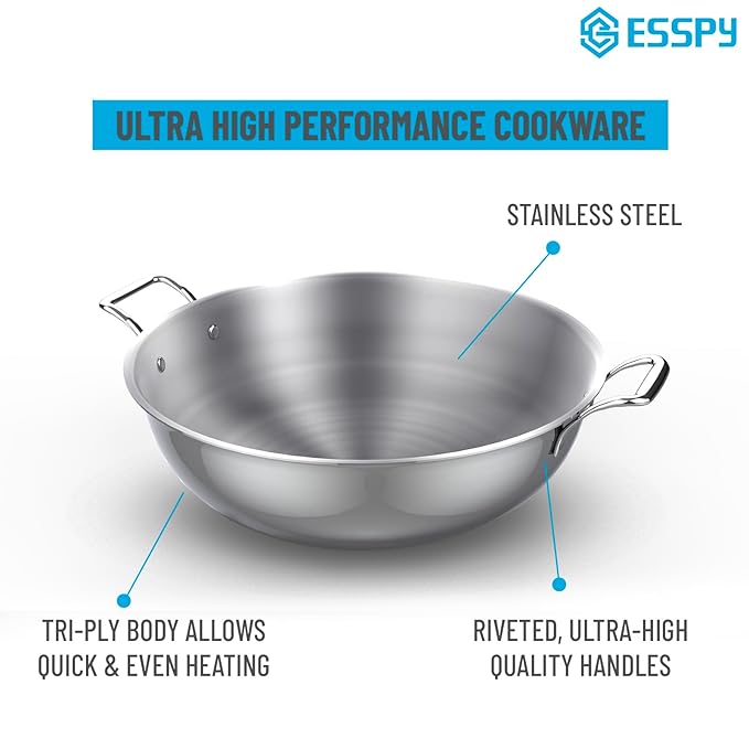 Esspy Triply Stainless Steel Kadai for Cooking with Lid | 26 cm, 3.3 Litre | Non Stick Kadhai | Induction & Gas Stove Compatible | Metal Spatula Friendly | Extra deep kadai | Stylish Handles