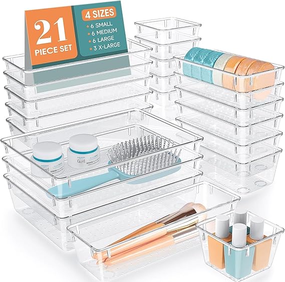Zeinwap Desk Drawer Organizers Trays Set Clear Plastic Storage Bins Bathroom Drawer Tray Dividers Vanity Trays Organizer For Bedroom Dresser Makeup Kitchen Utensil Office (21 Piece), Transparent