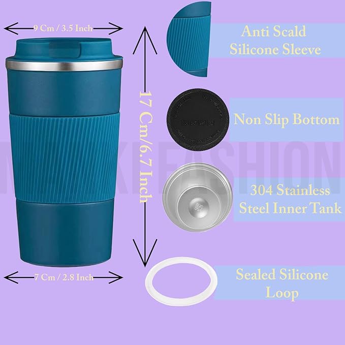 Manki Fashion Personalised Travel Mug, Insulated Coffee Cup with Leakproof Lid,Vacuum Insulation Stainless Steel Reusable for Hot Cold Coffee. (Blue, 510 Ml)