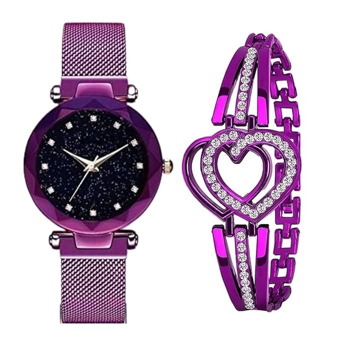 SWADESI STUFF Ladies Watch with Crystal Heart Bracelet Set Combo, Rose Gold Mesh Band, Round Black Dial, 3.5 cm Case