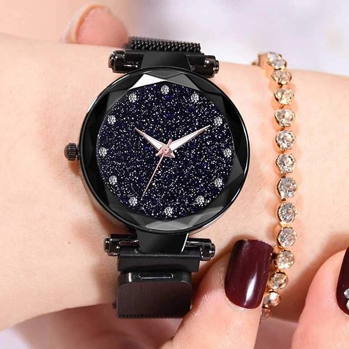 SWADESI STUFF Ladies Watch with Crystal Heart Bracelet Set Combo, Rose Gold Mesh Band, Round Black Dial, 3.5 cm Case