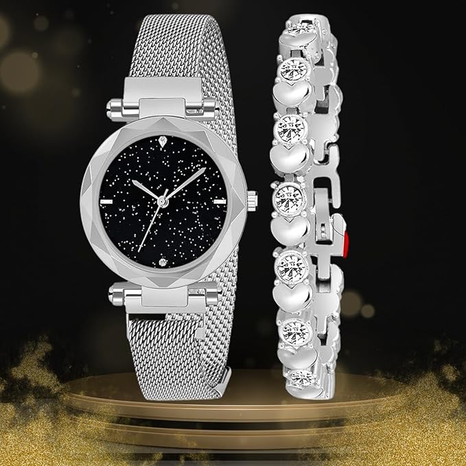 SWADESI STUFF Ladies Watch with Crystal Heart Bracelet Set Combo, Rose Gold Mesh Band, Round Black Dial, 3.5 cm Case