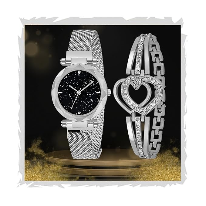 SWADESI STUFF Ladies Watch with Crystal Heart Bracelet Set Combo, Rose Gold Mesh Band, Round Black Dial, 3.5 cm Case